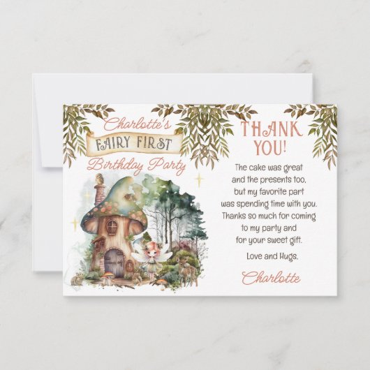 Fairy First Woodland Dieren Paddestoel 1e verjaard Bedankkaart (Voorkant)