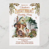 Fairy First Woodland Dieren Paddestoel 1e verjaard Folie Uitnodiging (Voorkant)