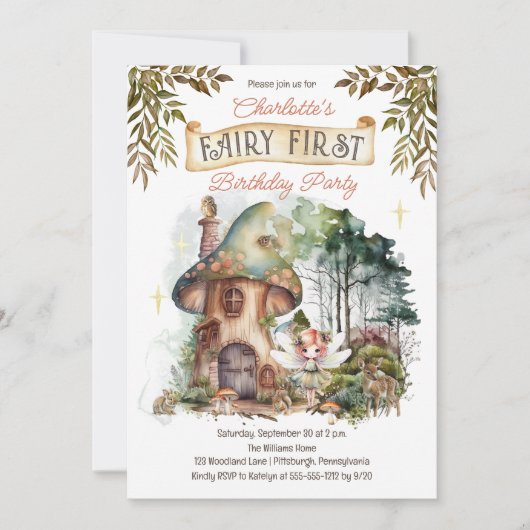 Fairy First Woodland Dieren Paddestoel 1e verjaard Kaart (Voorkant)
