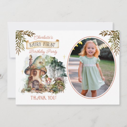 Fairy First Woodland Mushroom 1e Verjaardag Foto Bedankkaart (Voorkant)