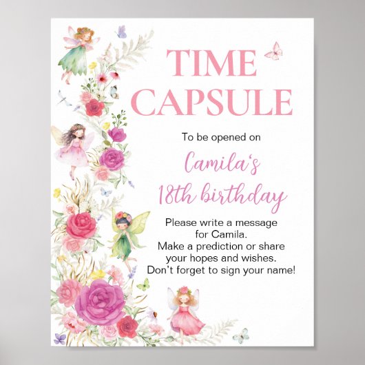 Fairy Floral Verjaardag Party Time Capsule Sign Poster (Voorkant)