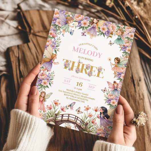 Fairy flower 3rd birthday Invitation Kaart