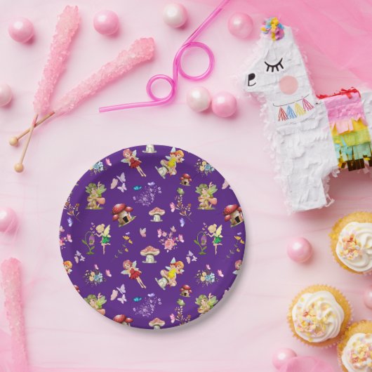 Fairy Flower Butterfly Mushroom Paarse thema Papieren Bordje (Feest)
