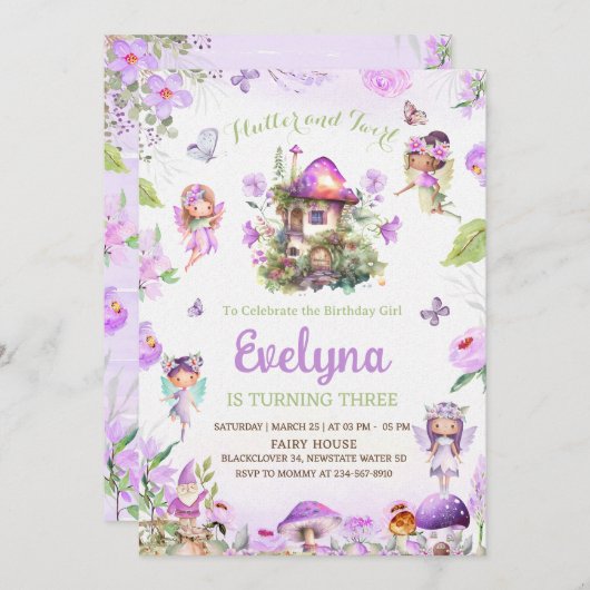 Fairy Flutter Twirly Paarse Verjaardagsuitnodiging Kaart (Voorkant / Achterkant)