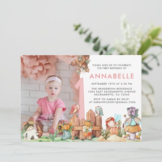 Fairy Forest First Birthday Foto Kaart (Staand voorkant)