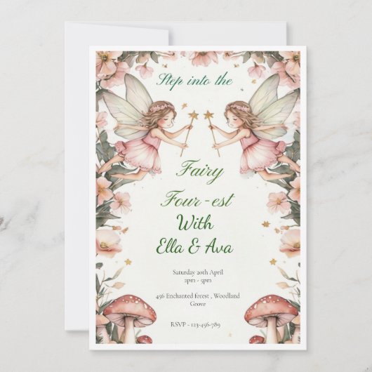 Fairy FOUR-est verjaardagsuitnodiging – bewerkbare Kaart (Voorkant)