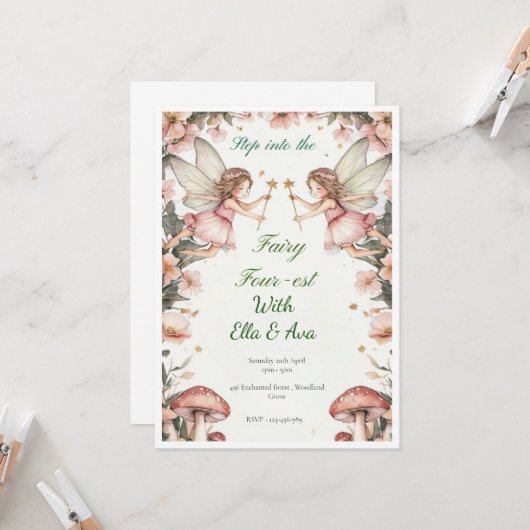 Fairy FOUR-est verjaardagsuitnodiging – bewerkbare Kaart (Voorkant / Achterkant in situ)