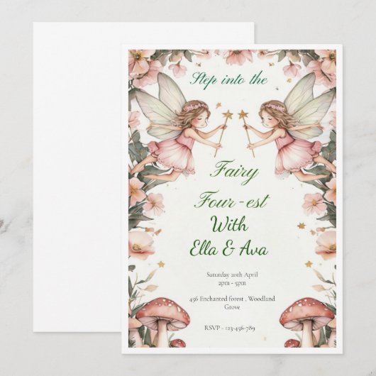 Fairy FOUR-est verjaardagsuitnodiging – bewerkbare Kaart (Voorkant / Achterkant)