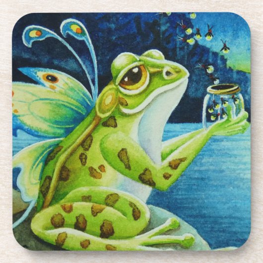 Fairy Frog & Fireflies Waterverf Art Bier Onderzetter (Voorkant)