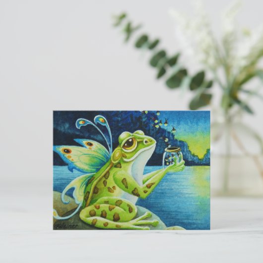 Fairy Frog & Fireflies Waterverf Art Briefkaart (Staand voorkant)