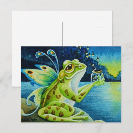 Fairy Frog & Fireflies Waterverf Art Briefkaart (Voorkant / Achterkant)