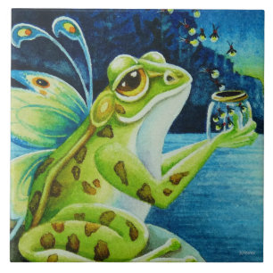 Fairy Frog & Fireflies Waterverf Art Tegeltje