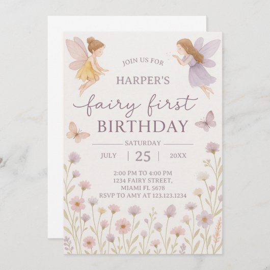 Fairy Garden eerste verjaardag uitnodiging (Voorkant / Achterkant)