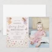 Fairy Garden Eerste Verjaardag Uitnodiging met fot (Voorkant / Achterkant)