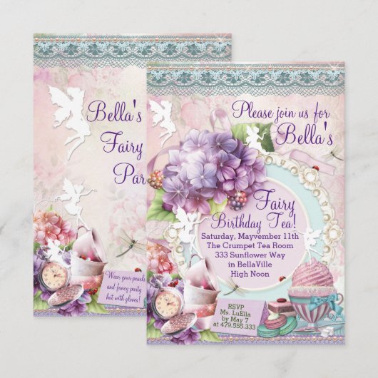 Fairy Garden Tea Party uitnodiging (Voorkant / Achterkant)