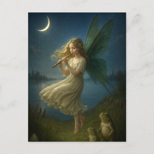 Fairy Girl Playing A Flute To Frogs In Moonlight Briefkaart (Voorkant)