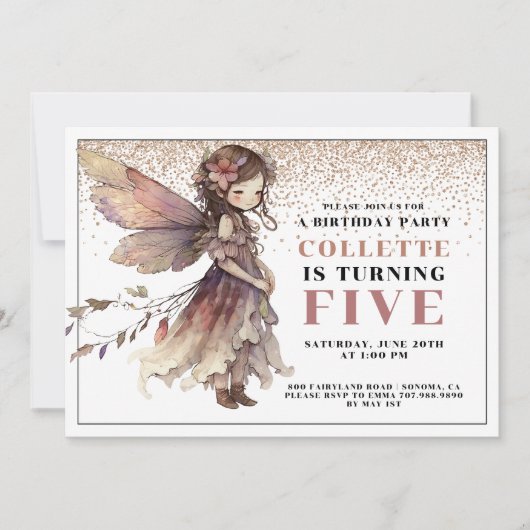 Fairy Girl's 5e uitnodiging voor een verjaardag (Voorkant)