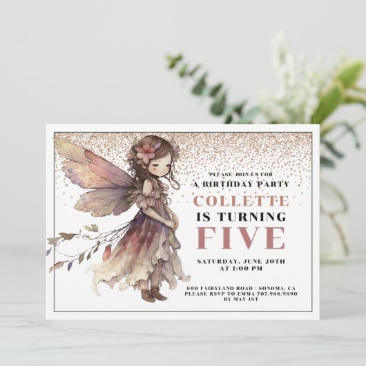 Fairy Girl's 5e uitnodiging voor een verjaardag (Staand voorkant)