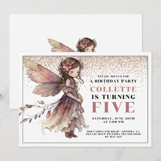 Fairy Girl's 5e uitnodiging voor een verjaardag (Voorkant / Achterkant)