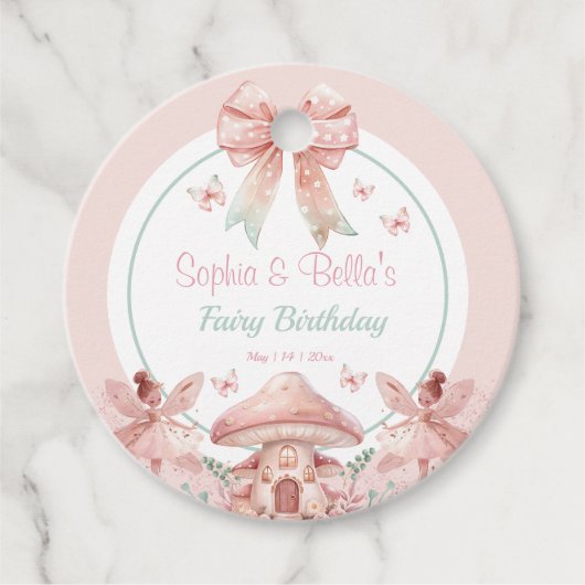 Fairy Girls Mushroom House Ribbon Twins Verjaardag Bedankjes Labels (Voorkant)
