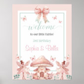 Fairy Girls Mushroom House Ribbon Twins Verjaardag Poster (Voorkant)
