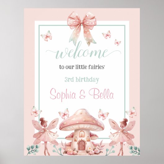 Fairy Girls Mushroom House Ribbon Twins Verjaardag Poster (Voorkant)