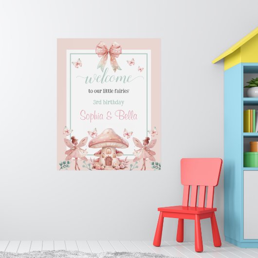 Fairy Girls Mushroom House Ribbon Twins Verjaardag Poster (Kinderkamer 1)