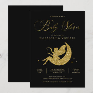 Fairy Gold Black Glitter Girl Baby shower Kaart