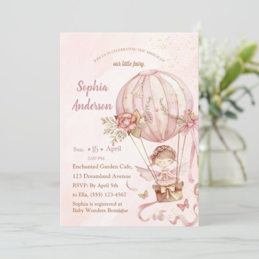 Fairy Hete Luchtballon Meisje Baby shower Uitnodig Kaart (Staand voorkant)
