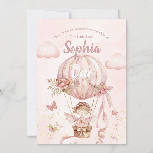 Fairy Hete Luchtballon Meisje Verjaardag Uitnodigi Kaart (Voorkant)