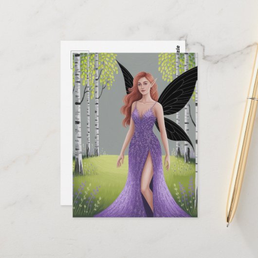 Fairy in a Purple Dress Forest Fantasy Briefkaart (Voorkant / Achterkant in situ)