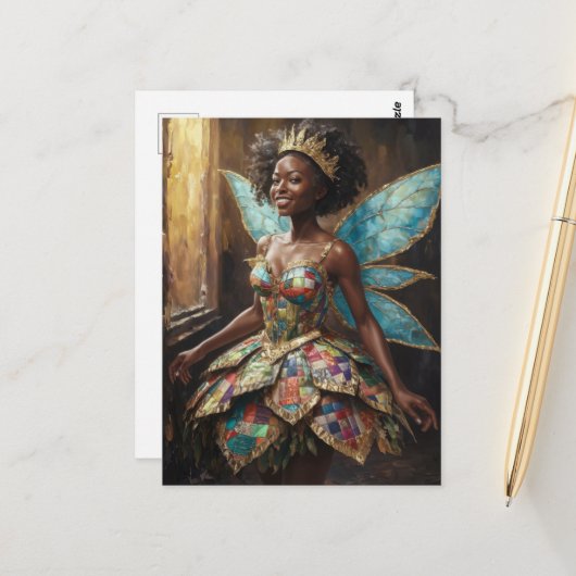 Fairy in een gewatteerde jurk briefkaart (Voorkant / Achterkant in situ)