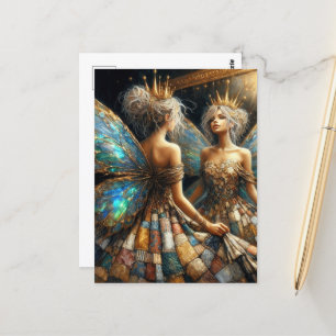 Fairy in een gewatteerde jurk ziet er in de spiege briefkaart