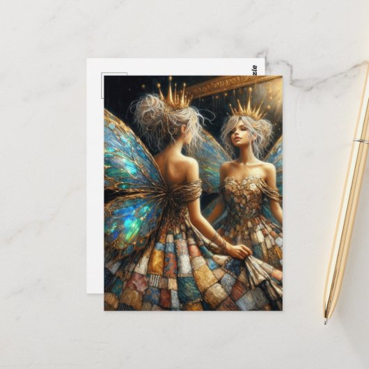 Fairy in een gewatteerde jurk ziet er in de spiege briefkaart (Voorkant / Achterkant in situ)