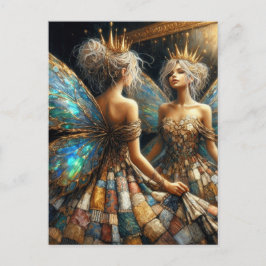 Fairy in een gewatteerde jurk ziet er in de spiege briefkaart