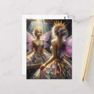 Fairy in een gewatteerde jurk ziet er in spiegel u briefkaart