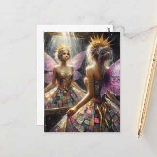 Fairy in een gewatteerde jurk ziet er in spiegel u briefkaart