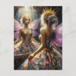 Fairy in een gewatteerde jurk ziet er in spiegel u briefkaart