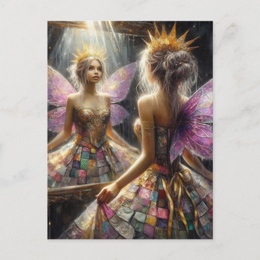 Fairy in een gewatteerde jurk ziet er in spiegel u briefkaart (Voorkant)