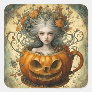 Fairy in een Jack O Lantern Mok Vierkante Sticker