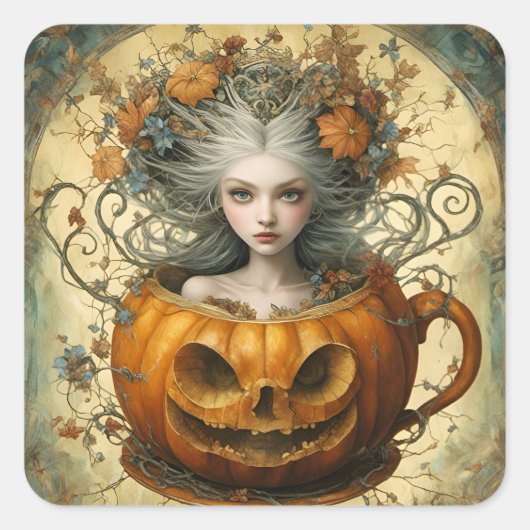Fairy in een Jack O Lantern Mok Vierkante Sticker (Voorkant)