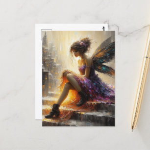 Fairy in een paarse jurk zittend op trappen in de  briefkaart