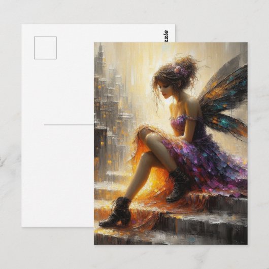 Fairy in een paarse jurk zittend op trappen in de  briefkaart (Voorkant / Achterkant)