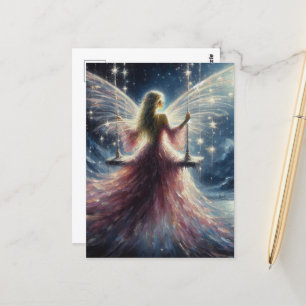 Fairy in een roze jurk op een schommel briefkaart