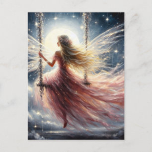 Fairy in een roze jurk op een Swing Fantasy Art Briefkaart
