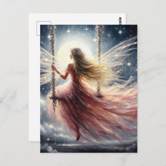 Fairy in een roze jurk op een Swing Fantasy Art Briefkaart (Voorkant / Achterkant)