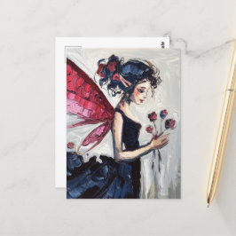 Fairy in een zwarte jurk met bloemen briefkaart
