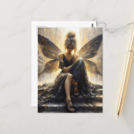 Fairy in een zwarte jurk zittend op een trap briefkaart