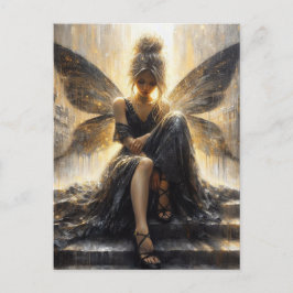 Fairy in een zwarte jurk zittend op een trap briefkaart