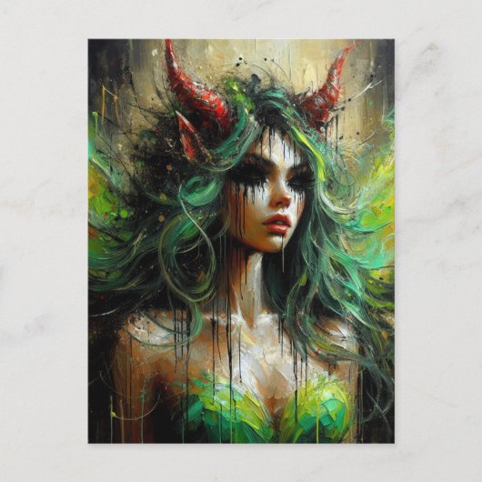Fairy in groen met rode hoorns Dark Fantasy Briefkaart (Voorkant)